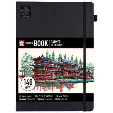Black hardcover sketchbook with elastic band; cover art shows a temple by a lake, 140 g/m² paper, 160 pages.