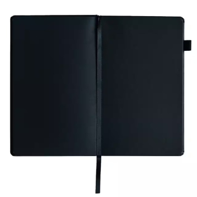 Closed black notebook with a black ribbon bookmark lying flat, rounded corners, minimalist design