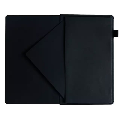 Open black presentation folder with a left pocket and right document sleeve, laid flat.