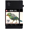 Black hardcover sketchbook with an elastic strap; cover features a green bird illustration and the label 'Sketch Book'.