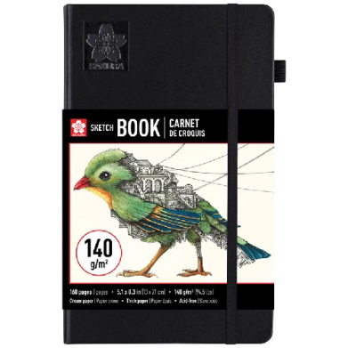 Black hardcover sketchbook with an elastic strap; cover features a green bird illustration and the label 'Sketch Book'.