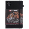 Black hardcover sketch notebook with tiger illustration on the cover and an elastic band closure