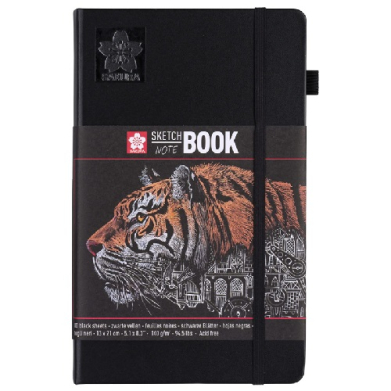 Black hardcover sketch notebook with tiger illustration on the cover and an elastic band closure