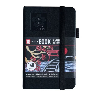 Black hardcover sketchbook with an elastic strap and illustrated cover, labeled Sketch Book, 160 pages, 140 g/m² paper.