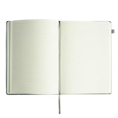 Open notebook with blank, lined pages spread flat, featuring a gray ribbon bookmark.