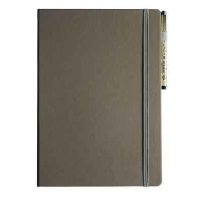 Brown hardcover notebook with a gray elastic strap and a pen tucked into the right edge of the spine area.