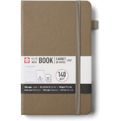 Brown kraft hardcover notebook with a gray elastic band and wrap-around label showing 140 g/m² paper