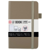 Taupe hardcover notebook with elastic band and ribbon, 160 pages, 140 g/m² paper, pocket size.