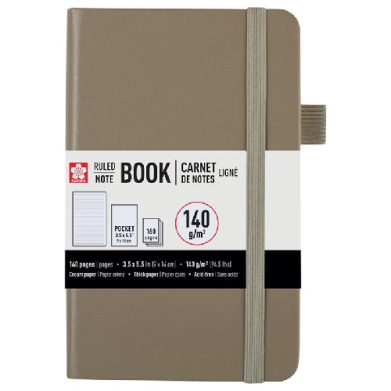 Taupe hardcover notebook with elastic band and ribbon, 160 pages, 140 g/m² paper, pocket size.