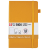Orange hardcover notebook with elastic strap closed, A5 size and wraparound band visible on the side.