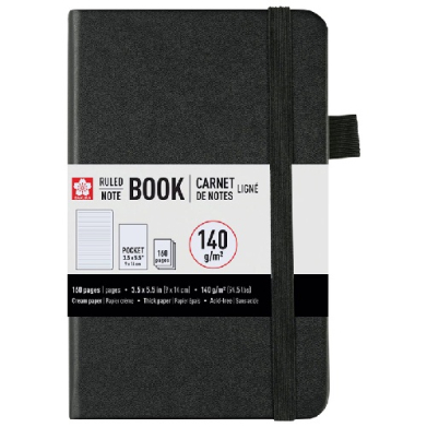 Black pocket ruled notebook with an elastic band and wraparound label, 160 pages of 140 g/m² paper.