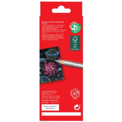 Red product packaging featuring a fabric swatch with a pencil laid across it, plus FSC logos and small blocks of text indicating eco-friendly materials and product details.