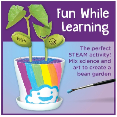 Colorful rainbow-striped pot with two bean sprouts labeled 'Wish' growing in soil, a paintbrush nearby, promoting a bean garden STEAM activity for kids.