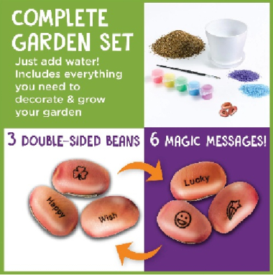 Graphic collage promoting a Complete Garden Set: left green panel with text, top-right photo of soil, cup, and colorful beads, bottom panels show beans with words like 'Wish' and 'Lucky' and mention '3 double-sided beans' and '6 magic messages'.
