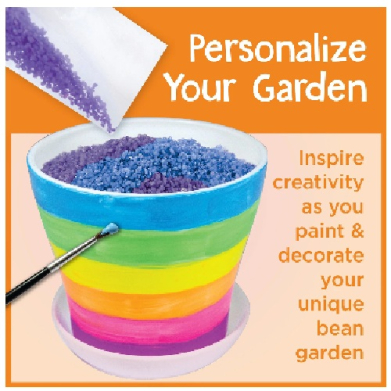 Promotional image of a rainbow-striped paint pot with beads and a brush; text reads 'Personalize Your Garden' inviting creativity to paint and decorate your garden.