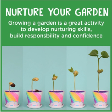 Green banner reads 'Nurture Your Garden' with a subtitle; five cups hold sprouting plants in pastel pots.
