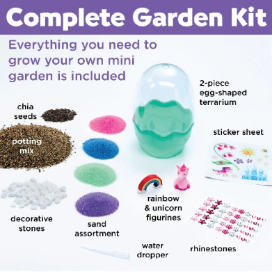 Complete Garden Kit: items for a mini garden including terrarium, chia seeds, potting mix, decorative stones, sand, colorful powders, figurines, rhinestones, sticker sheet, and dropper.