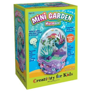 Mini Garden Mermaid craft kit for kids, showing a dome display with mermaid figures and decorative sea elements inside; bright green packaging with Creativity for Kids branding.