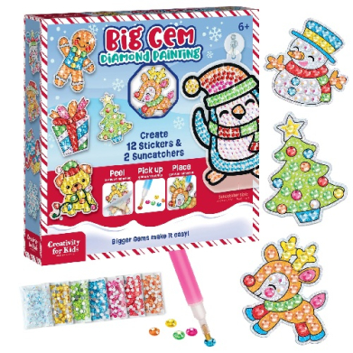 Colorful Big Gem Diamond Painting kit box with sticker shapes, beads, and a pink pen; includes snowman, Christmas tree, and reindeer designs nearby.