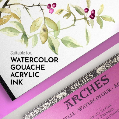 Packaging layout with botanical watercolor illustration, a purple diagonal stripe, and a pink Arches watercolor paper box; includes the text 'Suitable for WATERCOLOR GOUACHE ACRYLIC INK'