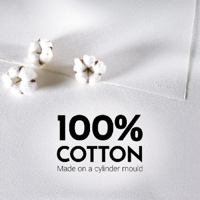 Close-up of white cotton fibers with three cotton bolls placed on a white textured background and the text '100% COTTON Made on a cylinder mould' in bold beneath.
