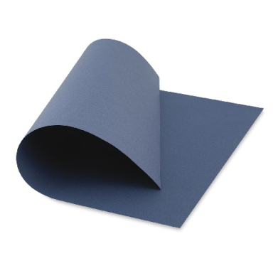 Blue sheet of paper curling upward at the edge on a white background.