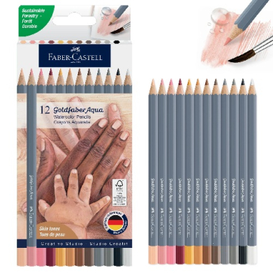 Faber-Caber Goldfaber Aqua 12-color watercolor pencil set in opened box with example swatches and hands showing use