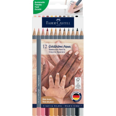 Faber-Castell 12 Goldfaber Aqua watercolor pencil set in a white package, with colored pencils and hands demonstrating use, skin-tone label visible.
