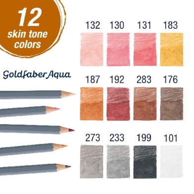 Goldfaber Aqua skin-tone color chart: 12 swatches in three rows of four, numbered 132–101, with pencils on the left.