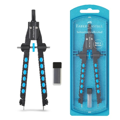 Adjustable metal drawing compass with blue-grip legs and pencil point, shown with a spare lead and its packaging; for drawing precise circles.