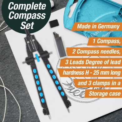 Complete compass set with black-and-blue drafting compasses, leads, and accessories on a notebook, next to a blue storage case (Made in Germany).
