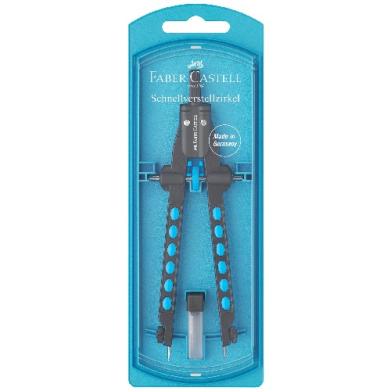 Blue adjustable compass set in plastic packaging labeled Faber-Castell Schnellverstellzirkel for precise circle drawing.