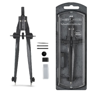 Faber-Castell quick-adjust compass with spare tips and accessories, displayed with its packaging.