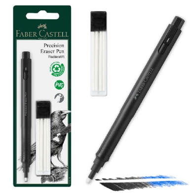 Faber-Castell Precision Eraser Pen set shown with black pen, clip, two white eraser refills, and a swatch of black/blue strokes with packaging in the background.