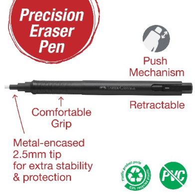 Precision Eraser Pen with a retractable 2.5 mm metal-encased tip, push mechanism, and comfortable grip; product label shown.