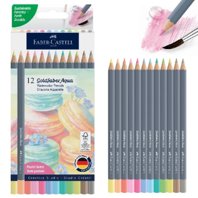 Faber-Castell Goldfaber Aqua 12-color watercolor pencil set with color-coded ends and decorative packaging; painting swatches and brushes pictured on the box surface.