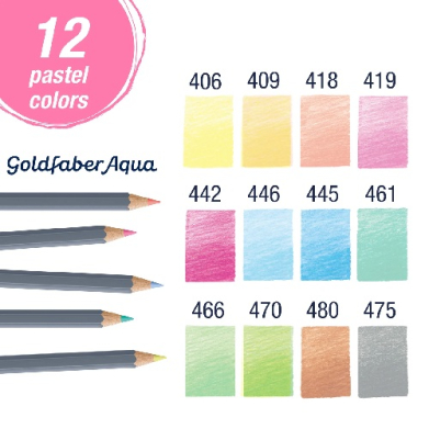 Pastel color palette with 12 swatches labeled 406–475 and Goldfaber Aqua pencils on the left; top pink circle reads '12 pastel colors'.