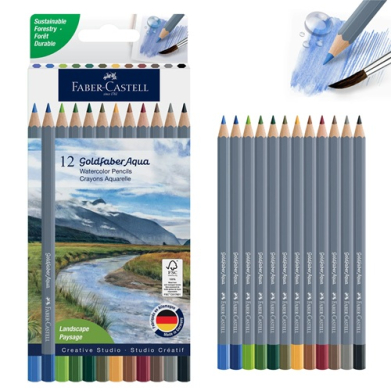 Faber-Castell Goldfaber Aqua watercolor pencils set of 12 with landscape artwork on packaging; pencils shown in two arrangements.