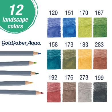 Color swatches for Goldfaber Aqua pencils: 12 landscape colors with swatch numbers 120–199 arranged in three rows beside pencils.