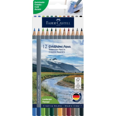Faber-Castell 12 Goldfaber Aqua watercolor pencils in a blue packaging with a mountain landscape on the front. Essential product information visible: 12 pencils and landscape artwork.