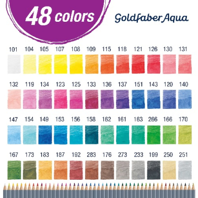 Color swatch chart for 48 Goldfaber Aqua colors showing numbered squares 101–283 with a pencil row beneath. Popular color spectrum from pale to dark.