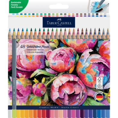 Box of Faber-Castell 48 watercolor pencils with a vivid flower painting on the cover.