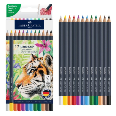 Faber-Castell 12-color pencil set in a tiger-themed illustrated box, with pencils visible at the bottom and a row of colored pencils beside it.