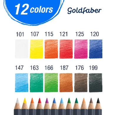Goldfaber 12-color swatch card with color codes and a row of colored pencils beneath.