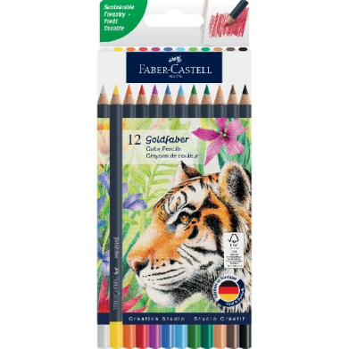12-pack of Faber-Castell colored pencils with tropical floral tiger artwork on the packaging Faber-Castell branding and color swatches on top edge.