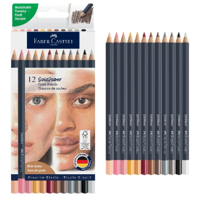 Pack of 12 Faber-Caber Goldfaber color pencils with dark blue packaging and a face image on the label, highlighting a 12-color set and sustainable forestry logo