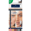 Faber-Castell 12 Goldfaber color pencils packaging, pencils visible above a close-up of a woman's face with sustainability badge and Creative Studio label