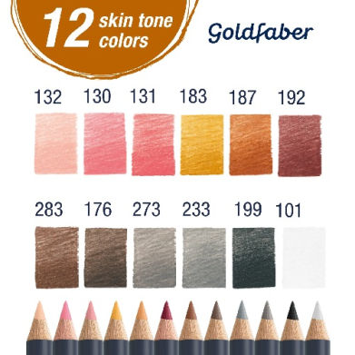 Goldfaber skin tone palette: twelve swatches labeled 132, 130, 131, 183, 187, 192, 283, 176, 273, 233, 199, 101; row of colored pencils beneath.