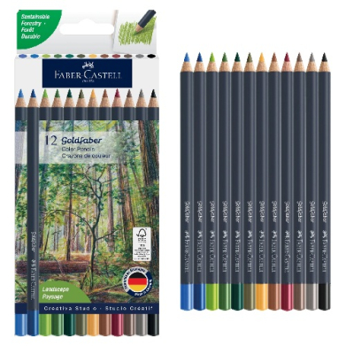 Box of Faber-Castell 12 Goldfaber pencils with a row of colored pencils beside the box, showing landscape artwork on packaging.