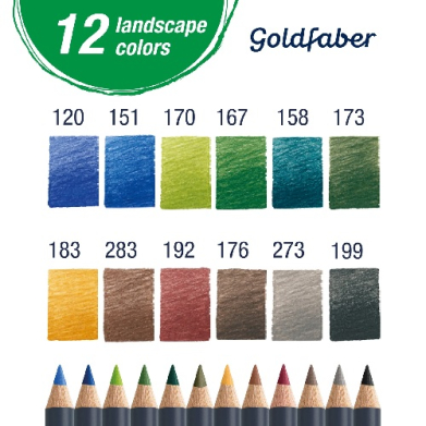 Goldfaber 12 landscape colors palette: twelve swatches labeled with codes 120–199 arranged in two rows, with colored pencils beneath.